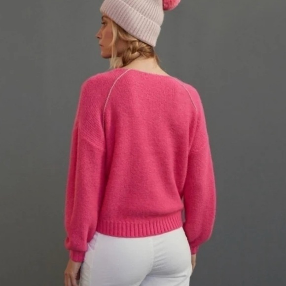 By Anthropologie Hot Pink Sweater With Gold Trim Size Medium - Picture 2 of 9